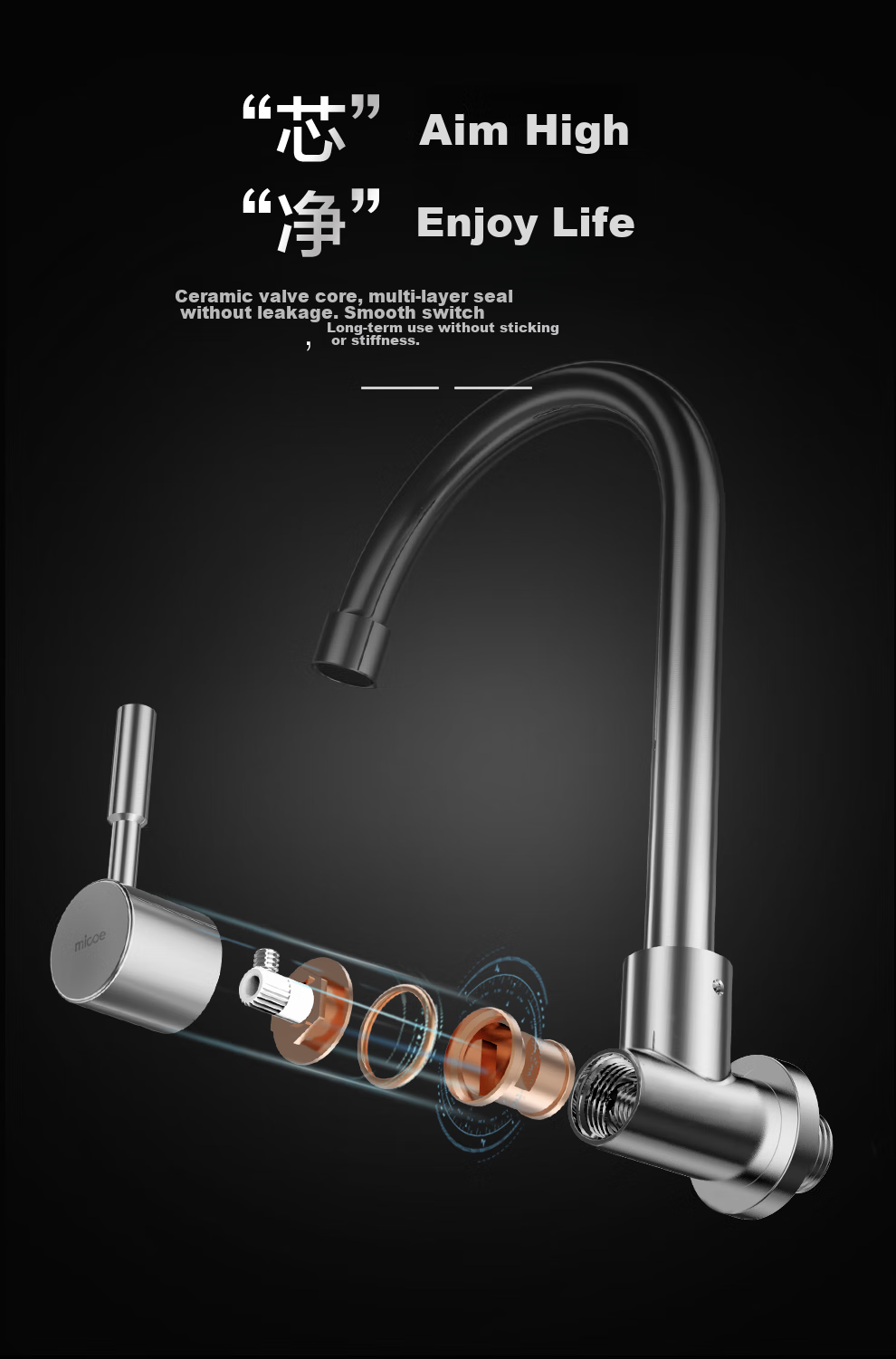MICOE Kitchen Faucet Single Cold Series, 304 Stainless Steel Lead-Free, 360° Rotating Sink Tap, 100F 6