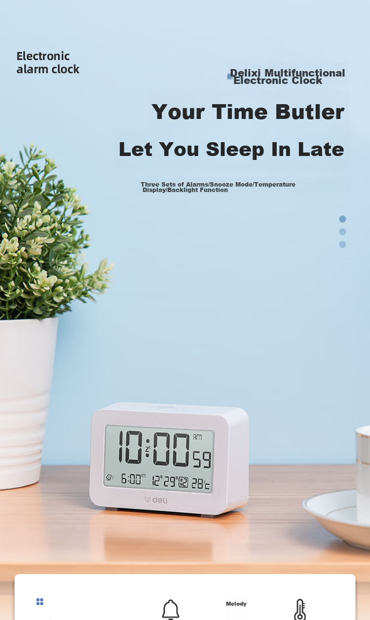Deli Electronic Timer Alarm Clock, Multifunctional Temperature And Humidity Display, Date Function, Dormitory Backlight Digital Clock, Time Management Tool for Students, Wake-Up Aid, White, 8839 Gift 1