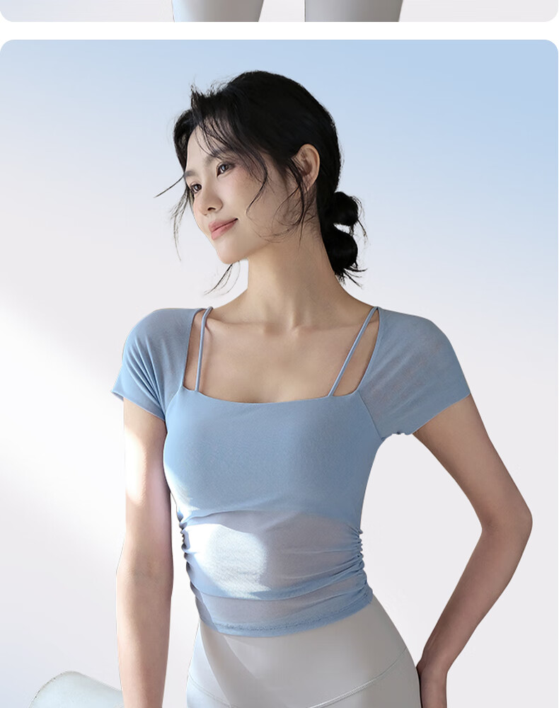 XUEXIMAN Faux Two-Piece Yoga Top for Women, Summer Short Sleeve with Built-In Bra Pads, Pilates Workout Fitness Wear 15