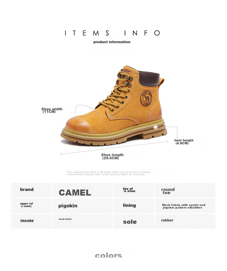 CAMEL [Shanze] Men's Yellow Boots, Fashionable Martin Boots, Casual Work Boots, L14W307636, Gray, Size 39 28