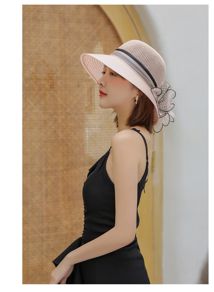 GLO-STORY Organza Women's Sun Protection Hat Lace Pearl Elegant Breathable Straw Top Fisherman Hat for Outings 19
