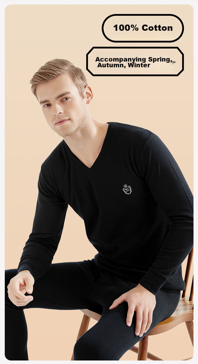 SEPTWOLVES [Antibacterial] Men's Autumn And Winter Thermal Underwear Set, Pure Cotton V-Neck Long Johns And Pants 2