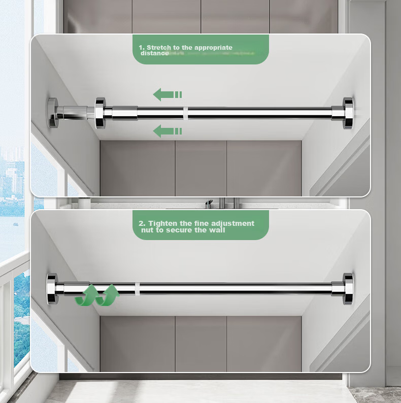 MUYA Stainless Steel Telescopic Rod, Clothes Drying Rack, No Drilling Required, Balcony Bathroom Shower Curtain Rod, Wardrobe Support Pole 8