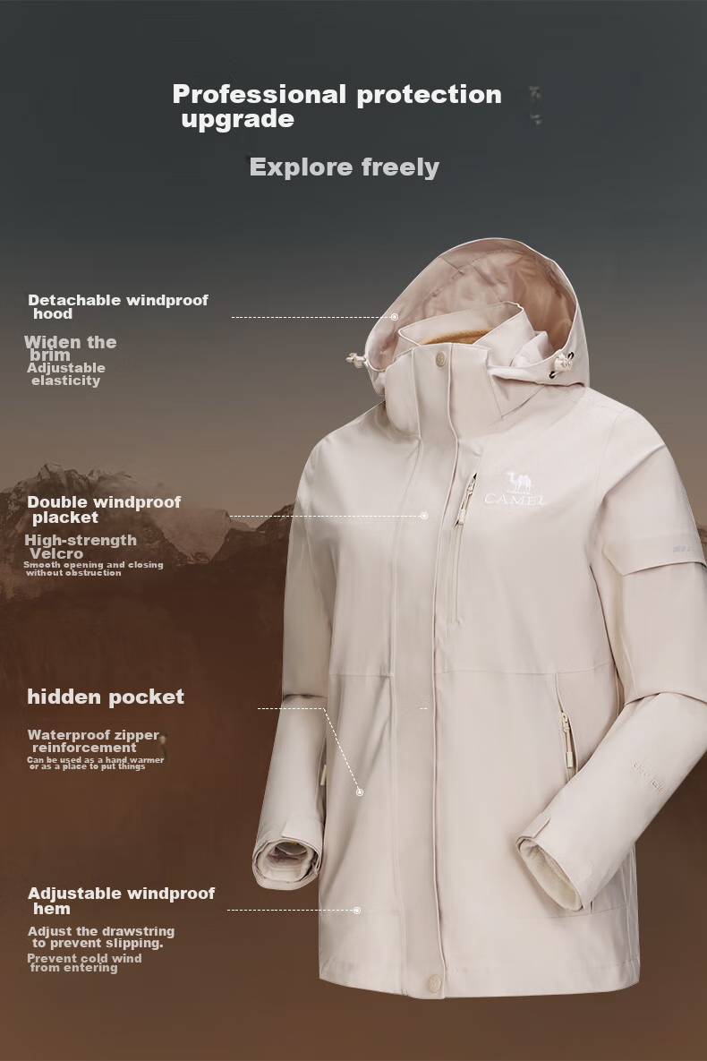 CAMEL Women's Three-Proof Windbreaker Jacket with Fleece Inner Layer, Warm Waterproof Windproof Coat 723CA6B010 S 6