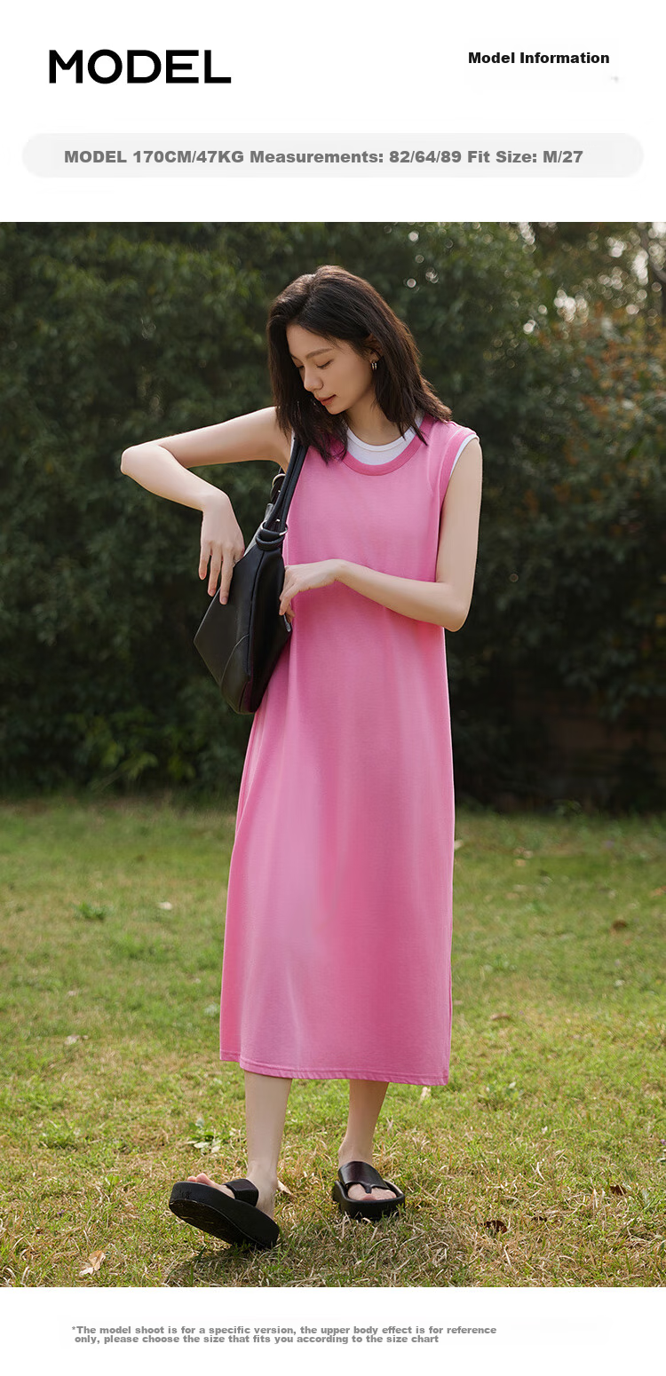 Dme Faux Two-Piece Powder White Contrast Color Long Dress, Round Neck, Sleeveless, Versatile Knitted Long Dress 5