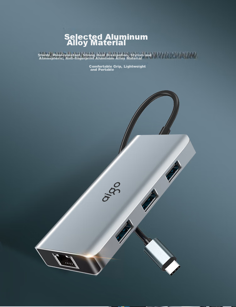 Aigo Type-C Expansion Dock, USB3.0 Hub, Gigabit Ethernet Port, HDMI Adapter, SD/TF Card Reader Converter, USB Expansion Dock, PD100W Fast Charging, K08 (Metal) 3