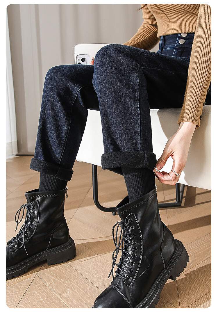 Dme Fleece-Lined Retro Dad Pants, Winter Thickened Warm Elastic Waist Harem Women's Jeans, Smoke Gray Black, Size 26 7