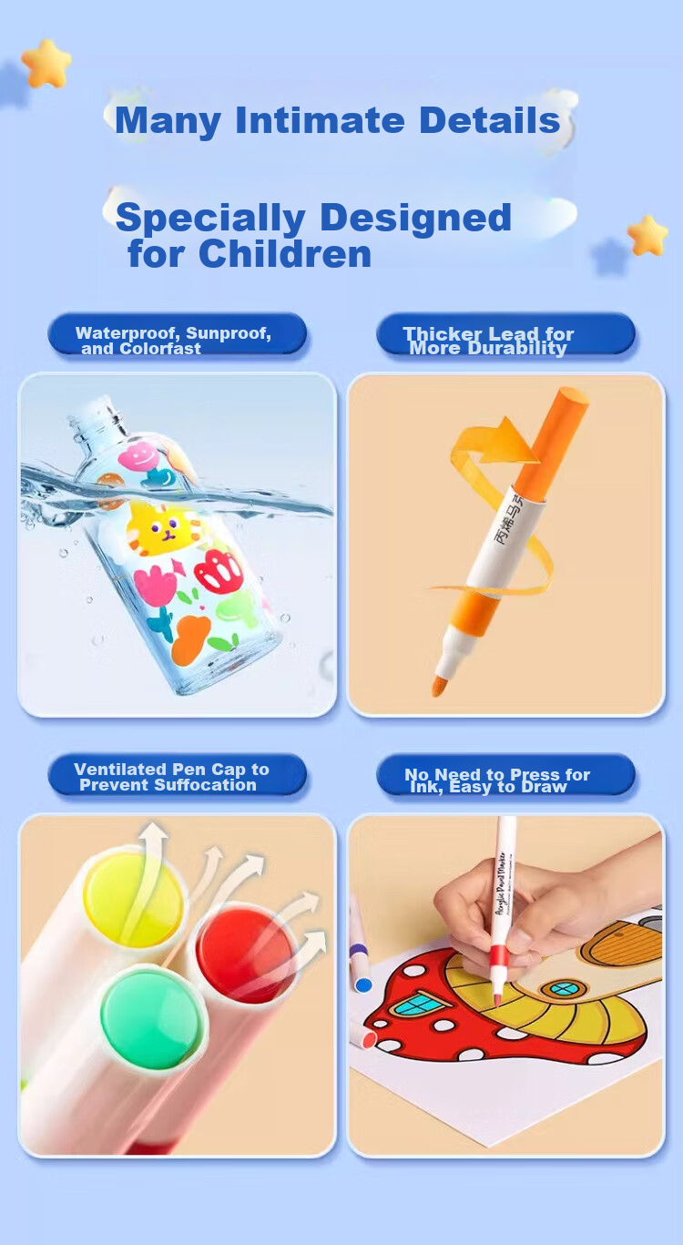 Liupintang Acrylic Markers, Waterproof Non-Translucent Watercolor Pens, Specially Designed for Elementary School Students, Soft Tip, Washable, Art Supplies for Students, Kindergarten And Children's Drawing Pens, Graffiti Handles, Acrylic 13