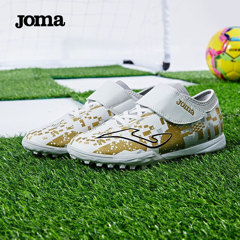 JOMA Soccer Shoes for Children, TF Turf Cleats for Boys And Girls, Youth And Elementary School Students, Retro Classic Football Training Shoes, White And Gold, Size 31