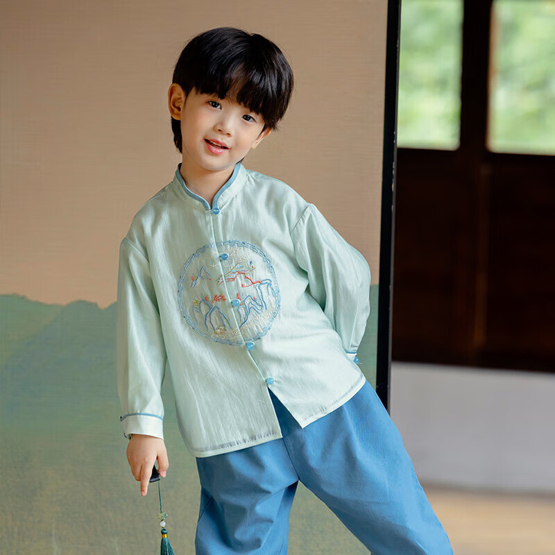 Menghu Qianshan Hanfu Boys' Spring And Autumn New Style Children's Tang Suit Chinese-Style Boys' Performance Costume Blue Top Size 90