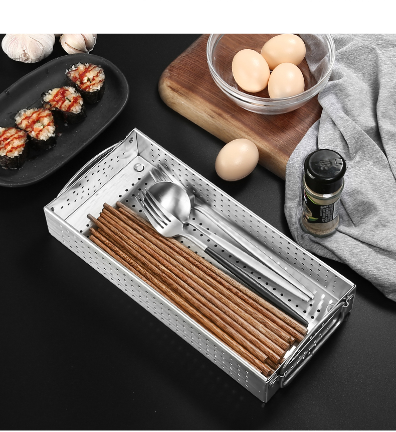 General's Kitchen 304 Stainless Steel Chopstick Box Disinfection Cabinet Spoon and Chopstick Storage Box Draining Rack Cutlery Storage Basket [Small Size] 7