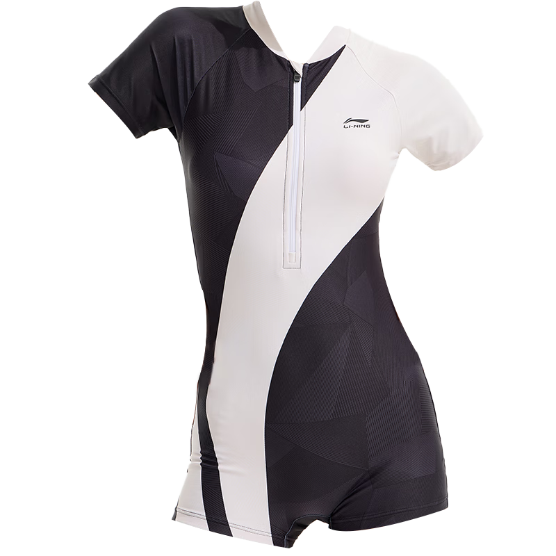 Li-Ning One-Piece Swimsuit for Women, Boyshort Style, Body-Shaping, Waist-Cinching, Contrasting Colors, High-Elasticity, Breathable, Hot Spring Resort Swimwear, 028 Black And White, Size L