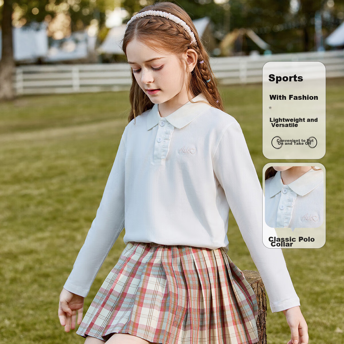 ASK JUNIOR Girls' T-Shirt, 2026 Autumn Collection, Solid Color Sports Casual Versatile Children's Running Polo Shirt, White, Size 140
