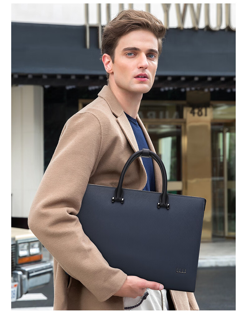 ELLE HOMME Men's Business Briefcase, Stylish Horizontal Cowhide Handbag, Large Capacity Laptop Bag for Men EA088208911 Blue 3