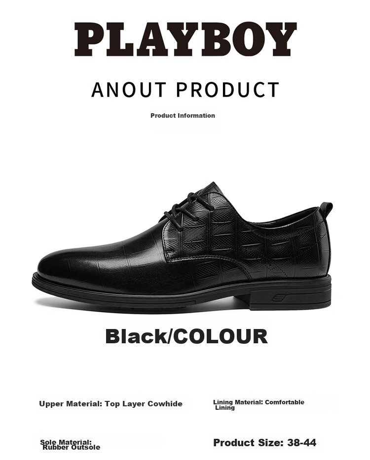 PLAYBOY Leather Shoes for Men, Spring/summer 2026 British Business Casual Shoes, Top-Grain Cowhide Formal Shoes, Black, Size 44 7