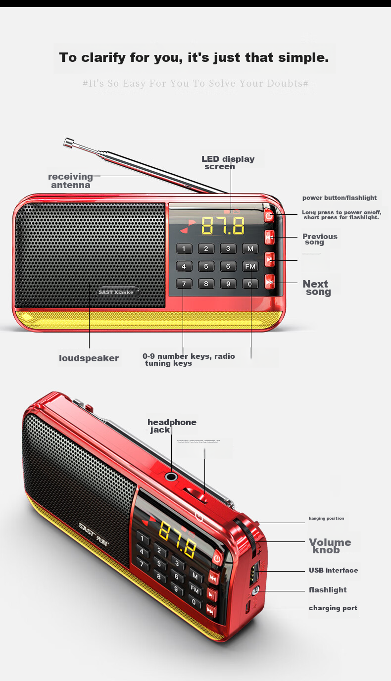 SAST V30 Black, Radio for Elderly, Rechargeable, Portable, Card-Insertable, Pocket-Sized, Mini Personal Radio, Campus Broadcasting, FM Tuning, Digital Player 14