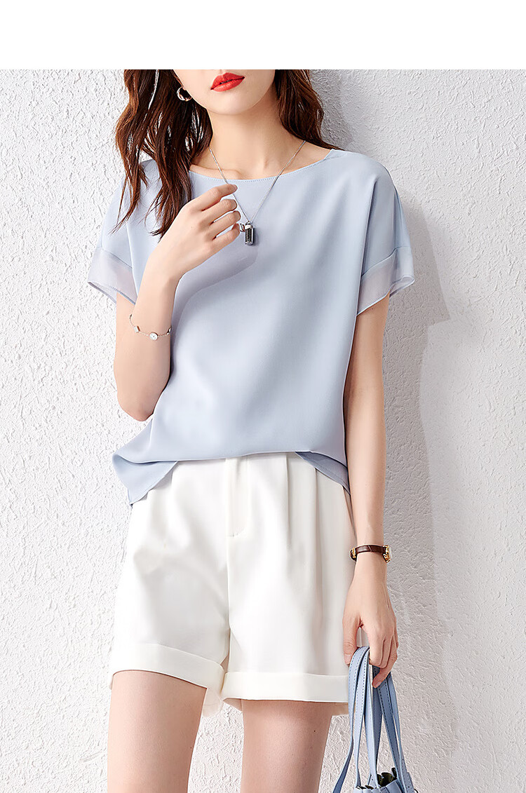 Sentubila Spliced Short-Sleeve Chiffon Blouse for Women, Slimming Tummy-Covering Top, Summer Lightweight Casual T-Shirt, Light Blue, S 14