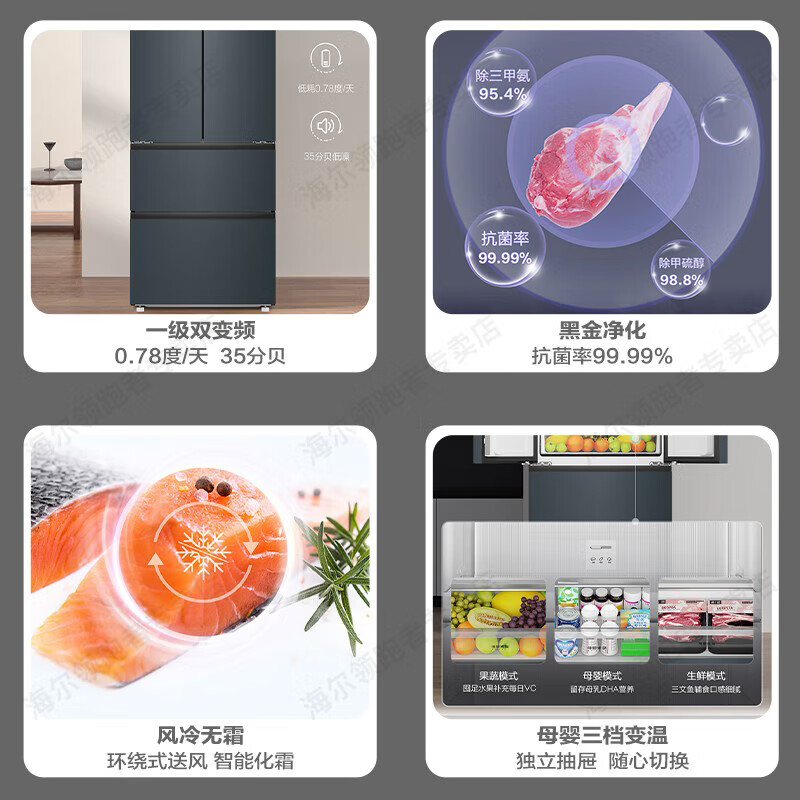 Haier/海尔411升法式多门风冷无霜一级变频科学分区变温保鲜冰箱 411升 法式多门 烟青色 BCD-411WLHFD7DC9U1