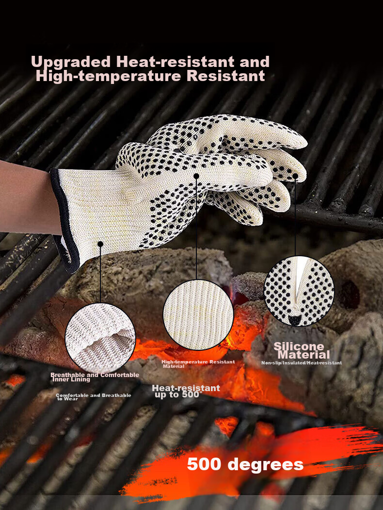 SHENGLI Heat-Resistant Gloves, 500-Degree Anti-Scalding Gloves, Industrial-Grade Thickened Insulated Double-Sided Silicone Non-Slip, Barbecue Oven Microwave Labor Protection Gloves, 1 Pair, GHX500D 6