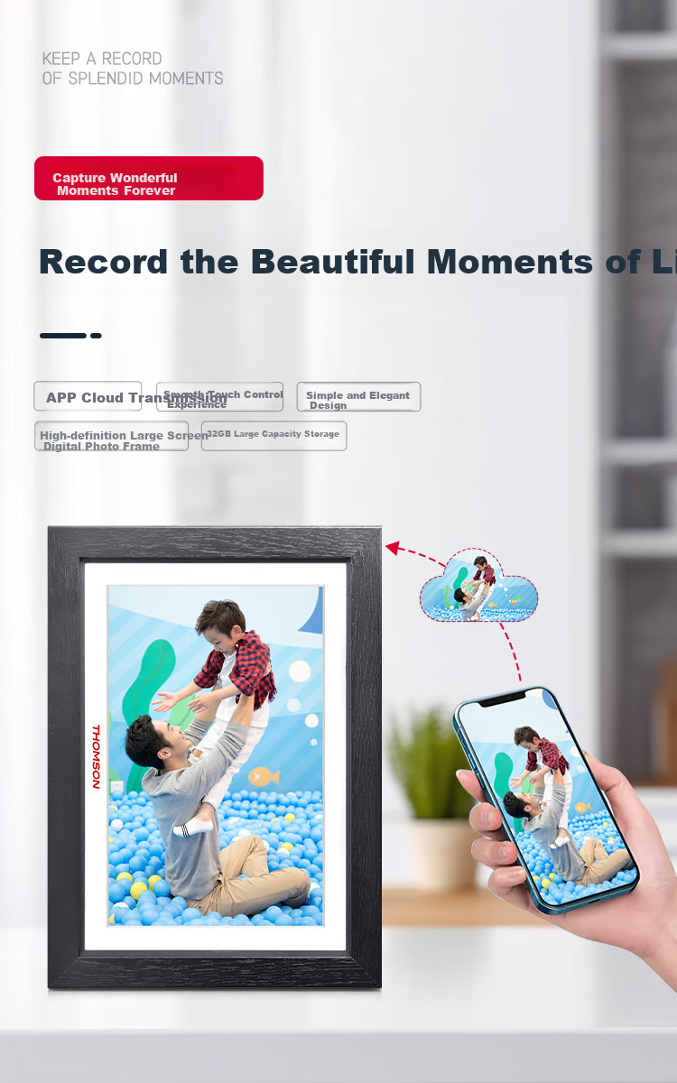 THOMSON Electronic Photo Album, 10.1-Inch Touchscreen Digital Frame, Picture And Video Player, Commemorative Gift, Holiday Present, Premium Wooden Frame, 1001w Black 1