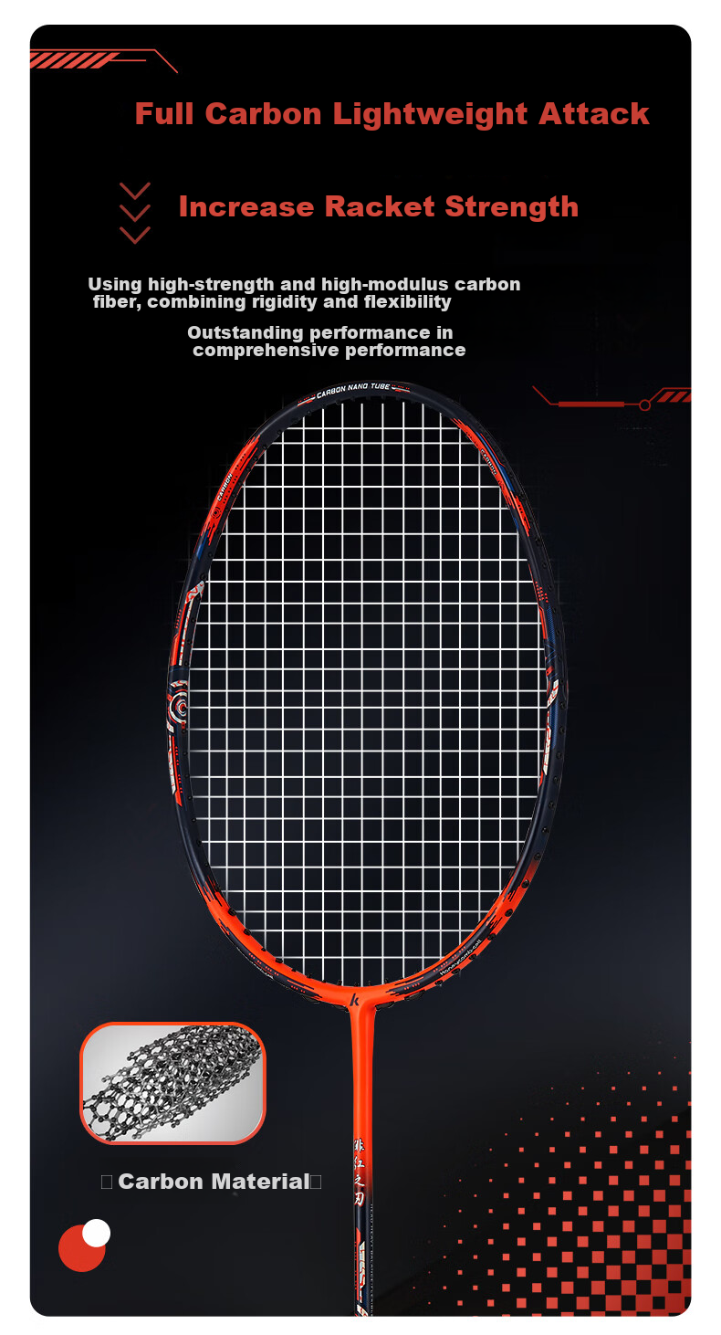 Kawasaki Badminton Racket, Full Carbon Fiber Single Racket, 5U Ultra-Light Racket, Blood Red Blade Orange-Red (Pre-Strung) 4