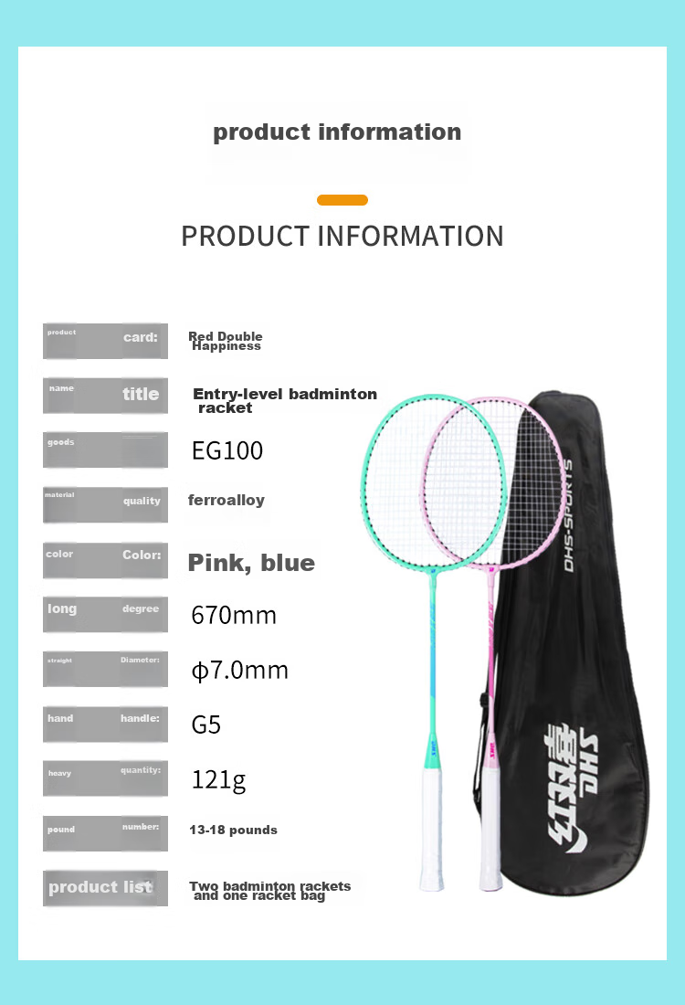 DHS DHS Badminton Racket Pair for Beginners, Double Rackets for Entry-Level Training, Alloy Model EG100 8