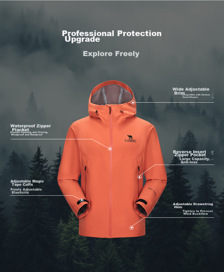 CAMEL Hardshell Jacket for Men And Women, Chinese Outdoor 3L Fully Sealed Waterproof Rainproof Orange Hiking Mountaineering Coat O189 6