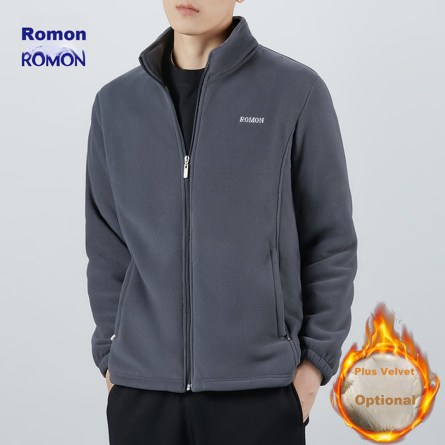 ROMON Men's Jacket, Spring And Autumn Trendy Pure Simple Stand-Collar Wrinkle-Resistant Fleece Coat, Men's Fleece Outerwear, A1 Gray 3XL