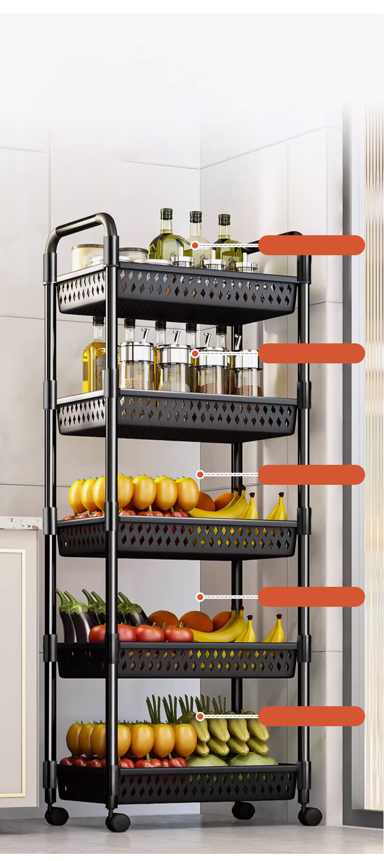 Yupin Floor Storage Rack Cart Living Room Snack Storage Shelf Kitchen Layered Rack Black with Handle 3-Tier ZW295 3