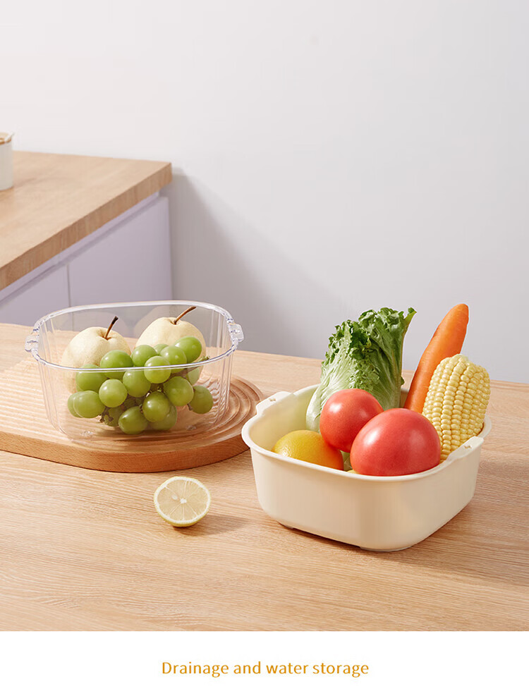 Baijie Double-Layer Vegetable Washing and Draining Basket Fruit Basket Basin Strainer Kitchen Vegetable Basket Household Fruit Plate Multifunctional Washing Basin Set 4