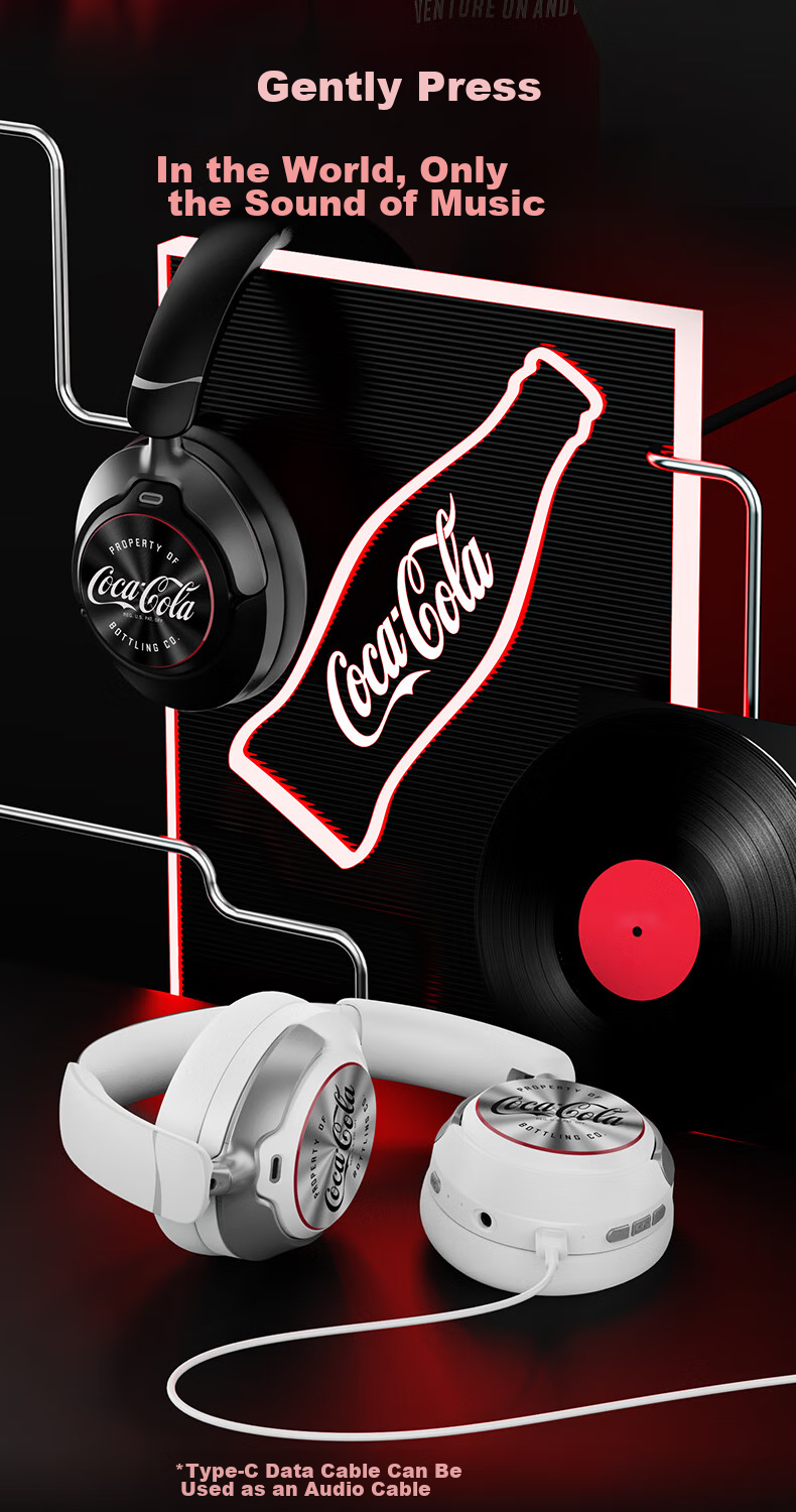 Coca-Cola T07 Over-Ear Bluetooth Headphones with ANC Active Noise Cancellation, Gaming, Sports, Running Wireless Earphones, Long Battery Life, Suitable for Men And Women Students, Birthday Gift, Compatible with Apple, Huawei, Xiaomi 8