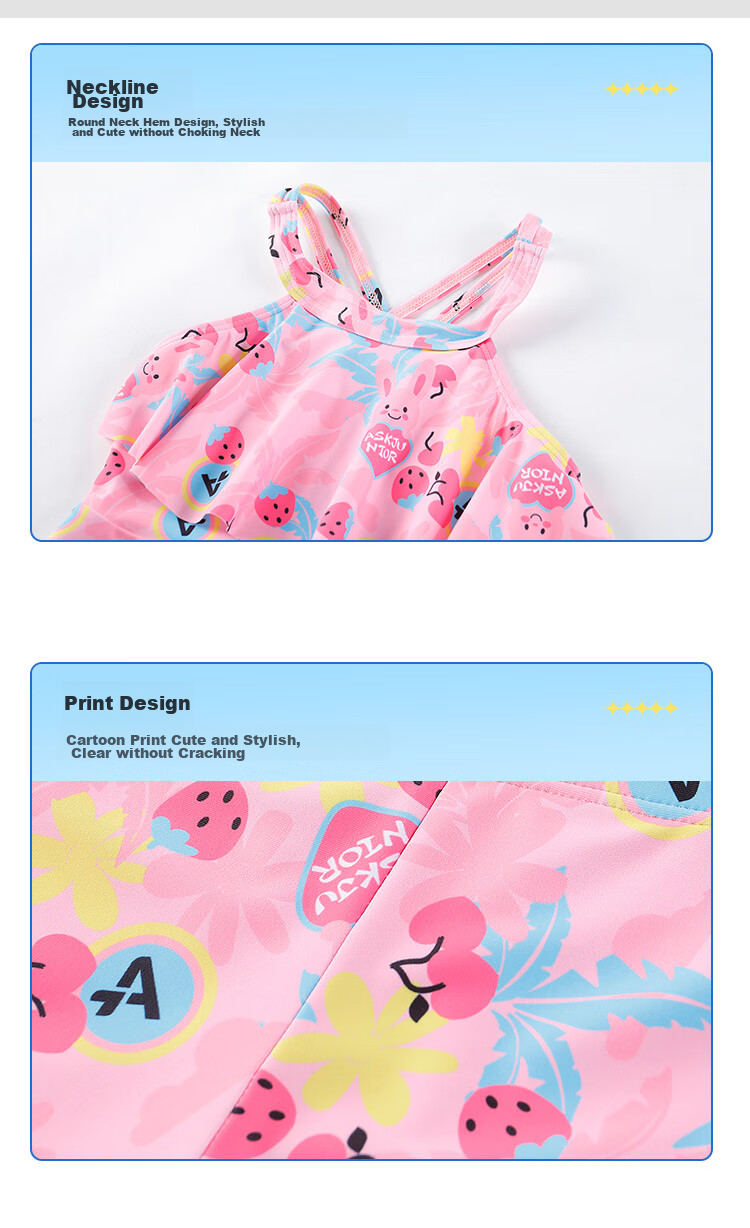 ASK JUNIOR [With Swim Cap] Girls' Swimsuit, Summer Cartoon Print Children's Spaghetti Strap Swim Skirt Two-Piece Swimsuit, Floral Pattern, Size 110 10