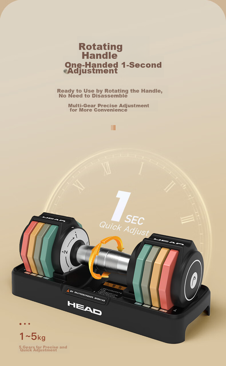 HEAD Intelligent Quick-Adjust Dumbbell Set, Adjustable Men's Home Fitness Equipment, Pure Steel Rainbow Dumbbells 25kg 12