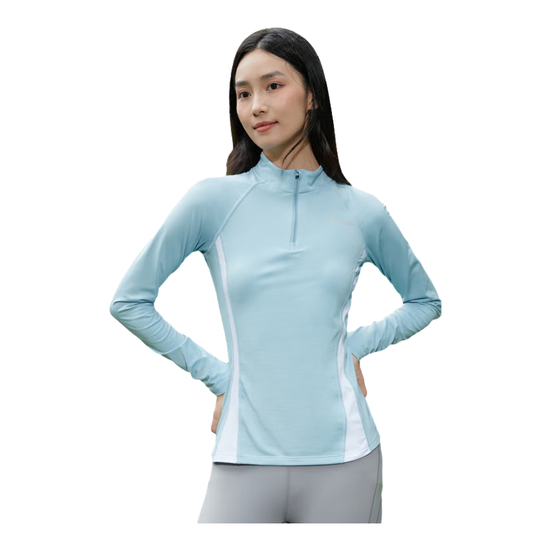 CAMEL Thin Fleece Sports Top for Women, Stand-Up Collar Long Sleeve Running Fitness T-Shirt C1W14L0623A5, Light Blue, S