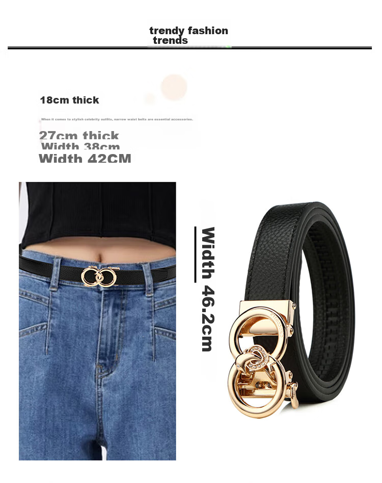 CROCODILE Genuine Leather Women's Belt, Double-Ring Automatic Buckle, Simple Top-Layer Cowhide Waistband, Birthday Gift, T2909 Black 5