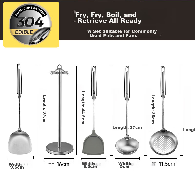 COOKER KING Kitchen Utensil Set, 304 Stainless Steel Cooking Spatula, Ladle, Strainer, Silicone Spatula with Storage Rack, Five-Piece Set