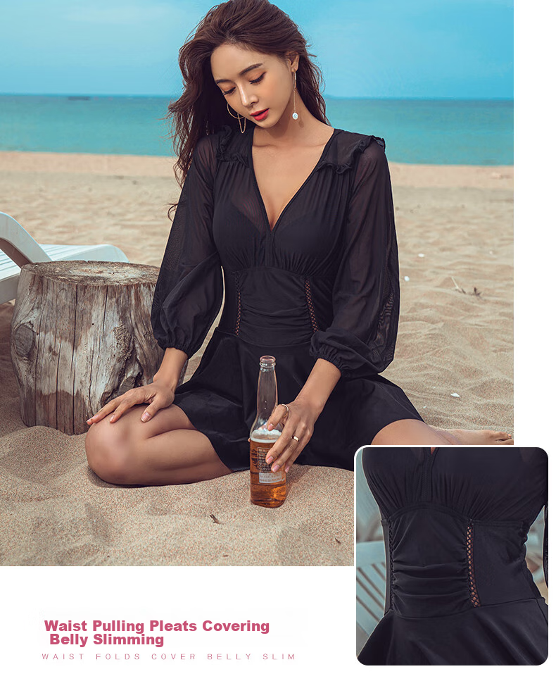 Sanqi Women's Swimsuit, Slimming, Tummy-Covering, Conservative One-Piece Dress, Fairy Style, Long Sleeves, Sexy, Hot Spring And Beach Swimming Costume, Black XXL 4