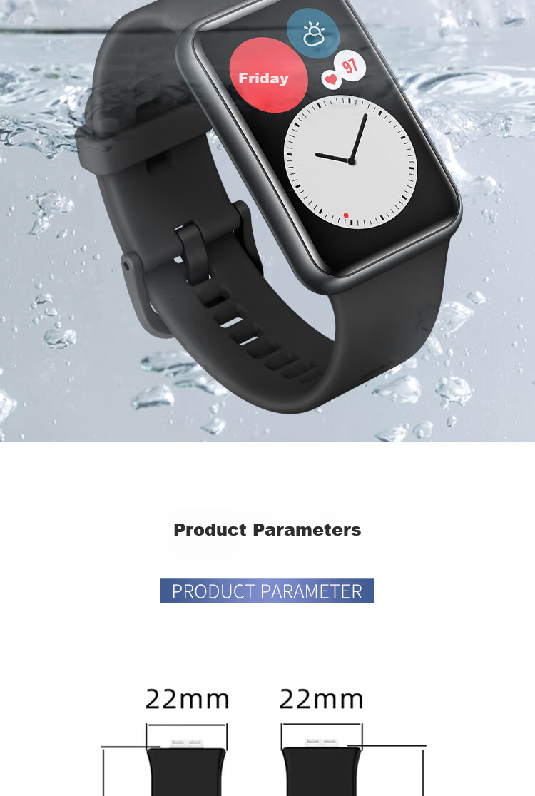 ESCASE Huawei Watch FIT Watch Strap HUAWEI Fitnew Silicone Skin-Like Strap, Unisex, No Sweat Hair Pinching, Replacement Band, Personalized Smart Sports Watchband, Black 6