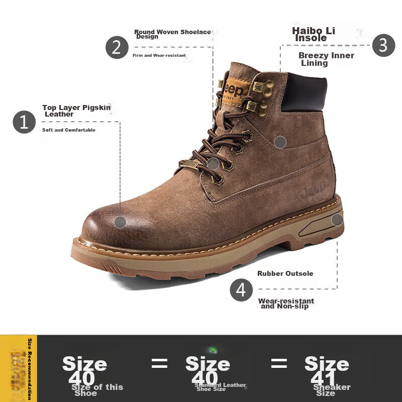 Jeep Men's Shoes, Autumn And Winter Wear-Resistant Non-Slip Martin Boots, High-Top Korean Style British Retro Work Boots, Sand Color, Size 43