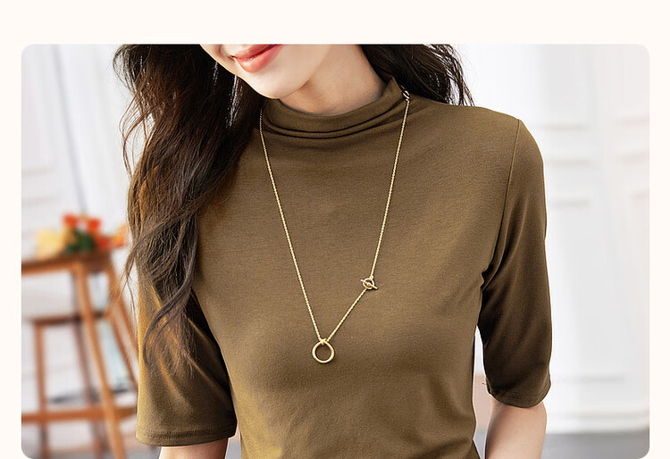 Dme [High-Elastic Simple Mid-Sleeve Base Shirt], Autumn Stand-Up Collar Slim-Fit Women's T-Shirt 4