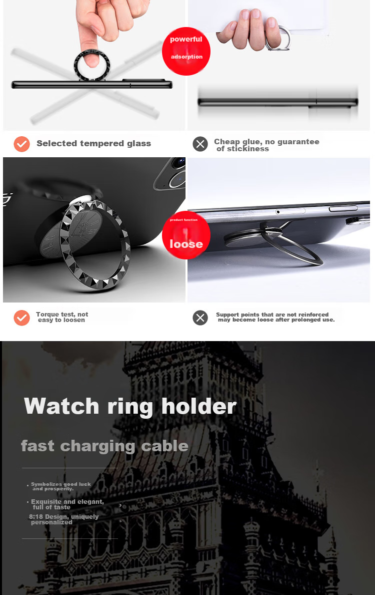 ESCASE Phone Ring Holder Desktop Stand Ultra-Thin Wristband Clip Lazy Ring Compatible with Car Magnetic Mount for Apple Huawei Xiaomi Universal Obsidian Black 2