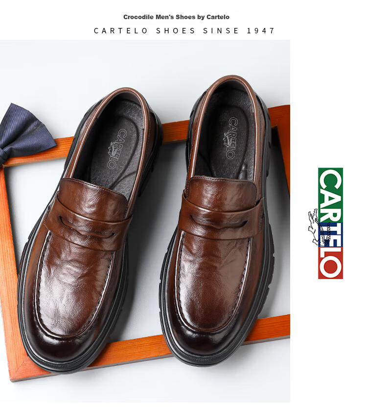 CARTELO Men's Loafers, Leather Shoes, Business Casual Shoes, Breathable Soft Leather Slip-On Shoes, Model 9925, Black, Size 39 13