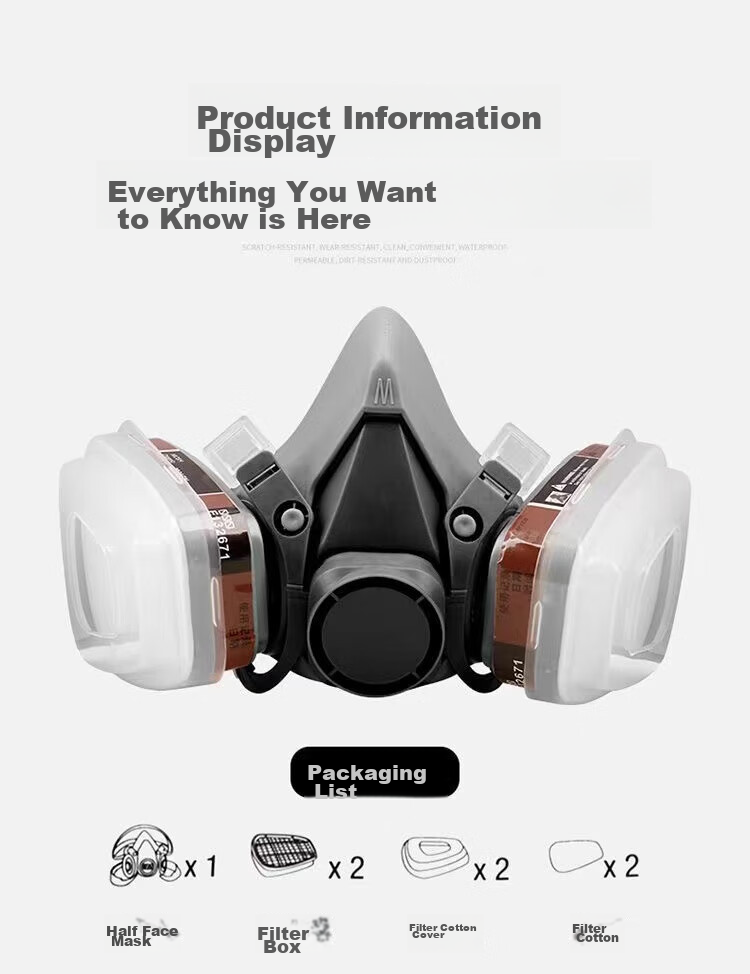 Andatong Gas Mask, Industrial Dust Mask for Chemical Protection, Formaldehyde Paint Activated Carbon Protective Mask, 7-Piece Set with Goggles Included 9