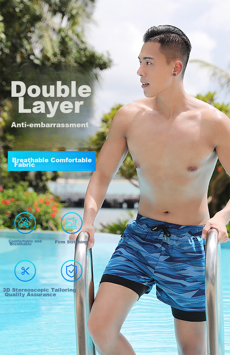 F.DYRAA Men's Swim Trunks, Anti-Embarrassment Double-Layer Quick-Dry Loose-Fit Large Size Hot Spring Swimming Trunks Three-Piece Set 26070 Black 2XL 1