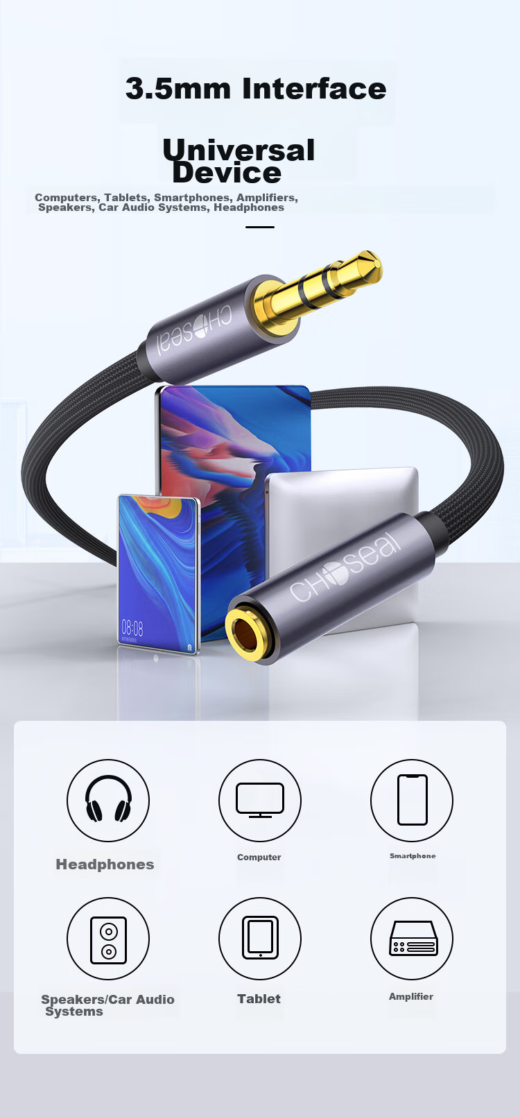 CHOOSEAL (CHOSEAL) 3.5mm Audio Extension Cable, Graphene Shielding, Male to Female Headphone Connection, AUX Stereo Extension Cord for Mobile Phones, Computers, Laptops, Speakers, 2 Meters, QS3567T2 9