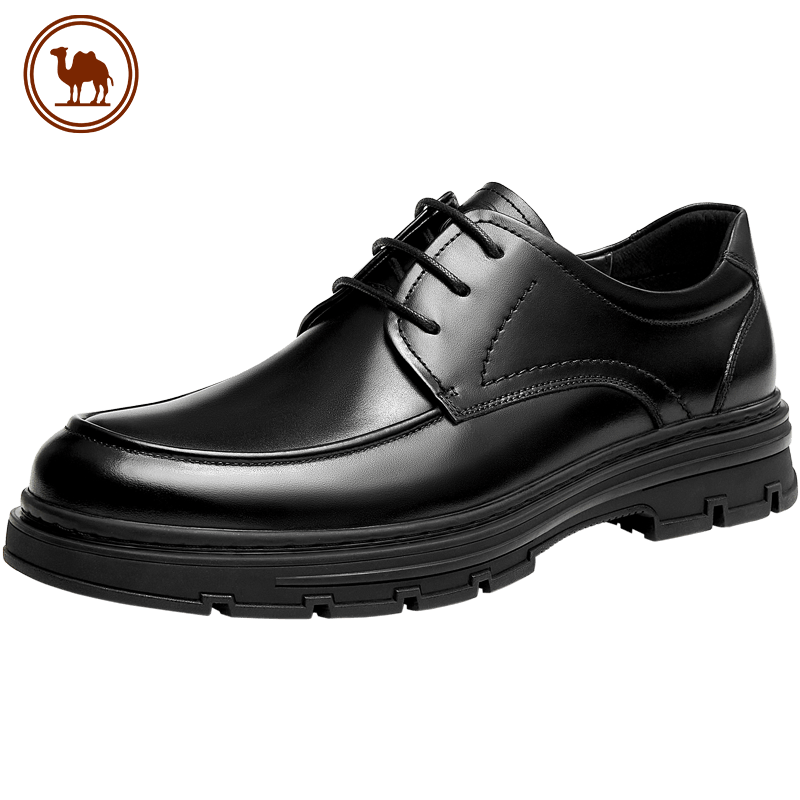 CAMEL Brand Men's Leather Shoes, Glossy Cowhide, Comfortable Soft Sole, Lace-Up Versatile Business Wedding Shoes, P13A005031 Black Size 40