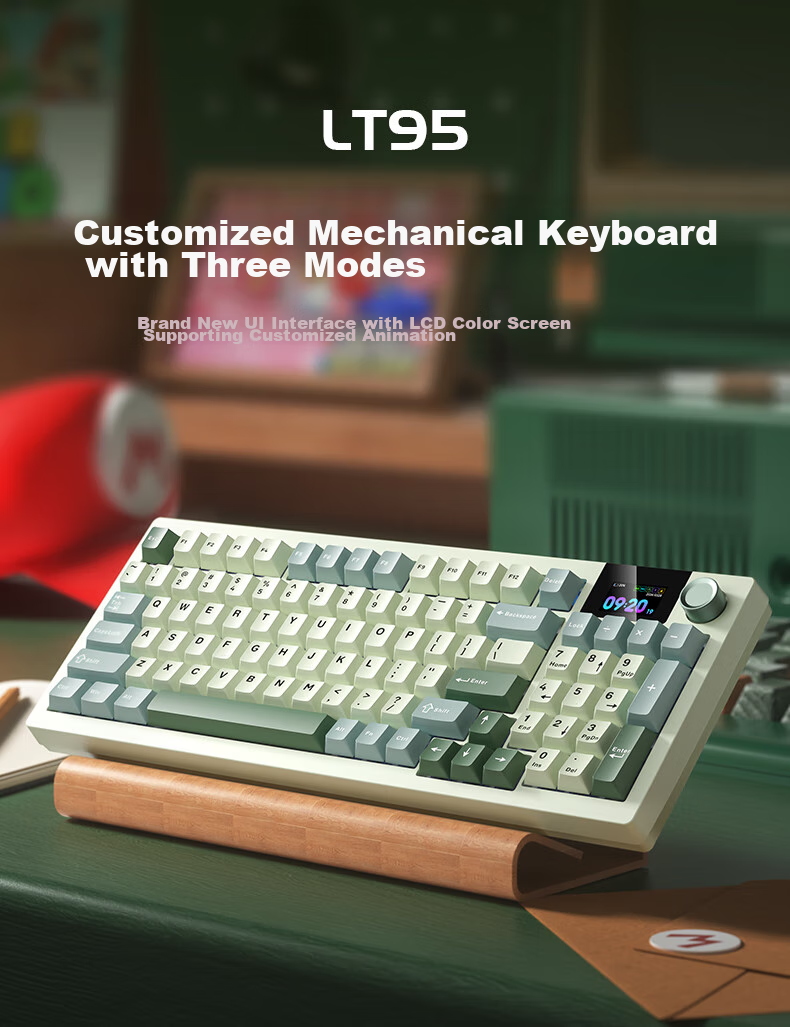 Langtu LT95 Mechanical Keyboard, Wired/wireless/Bluetooth Triple-Mode, 95-Key Gaming And Office Computer Keyboard with LCD Color Screen, RGB Lighting Effects, Green Micro Macaron Switches 1