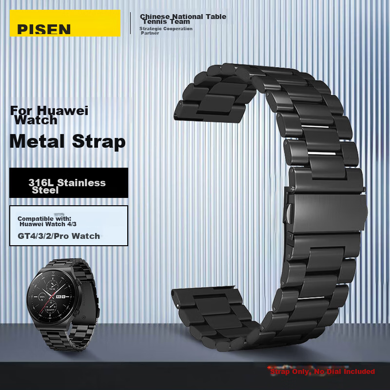 Pisen Compatible with Huawei Watch Bands for Watch6/5/4/Pro/GT7/6/5/Pro/4, Stainless Steel Strap, Three-Strand Steel Band, 22mm Width Metal Strap, 46mm Dial, Black