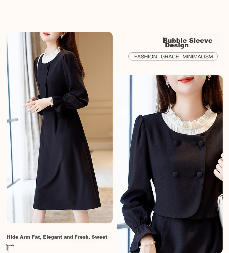 Dme Elegant Ruffle-Trimmed Umbrella Skirt, Spring And Autumn Commuter Waist-Cinching Puff Sleeve Midi Dress for Wome 6