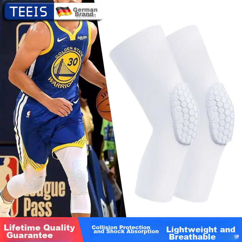 TEEIS Basketball Knee Pads, Sports Equipment for Men, Long Professional Honeycomb Anti-Collision Protective Gear, Breathable Knee And Leg Guards, White, Size M